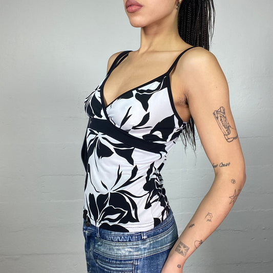 Vintage 2000's Romantic Girl White Top with Black Floral Maxi Print (S)