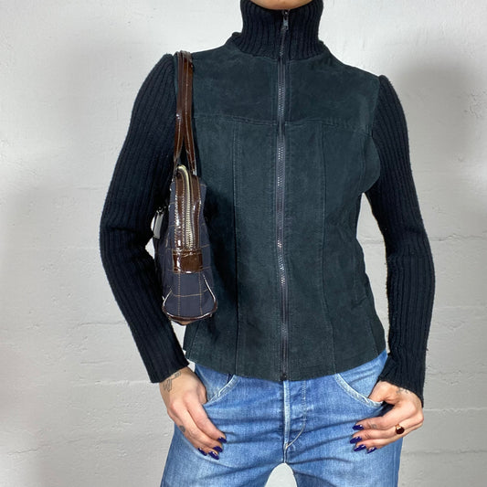 Vintage 2000's Skater Black Zip Up Leather Jacket with Ribbed Knit Material (S)