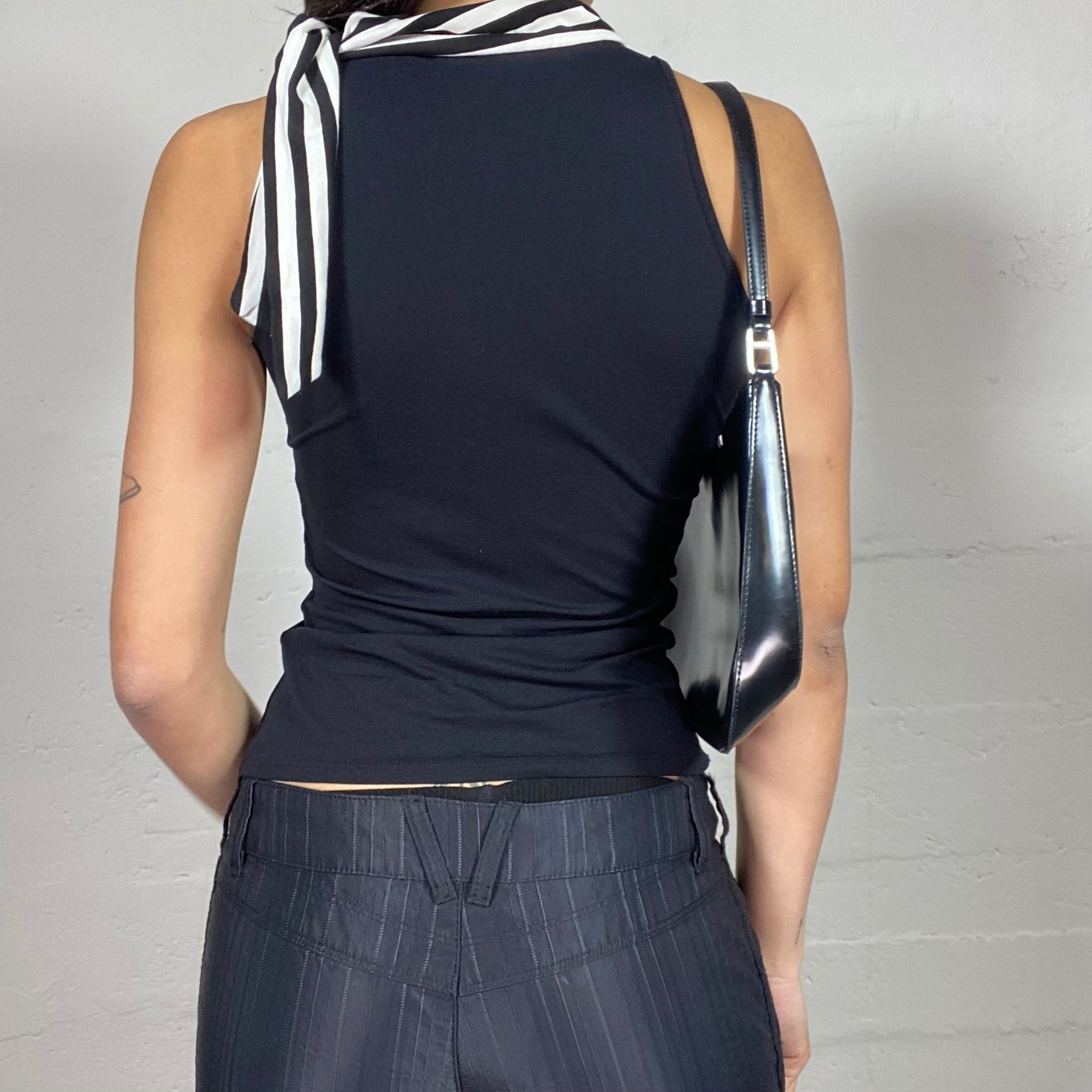 Vintage 2000's Office Girl Black Highneck Top with White Attached Scarf Detail (S)