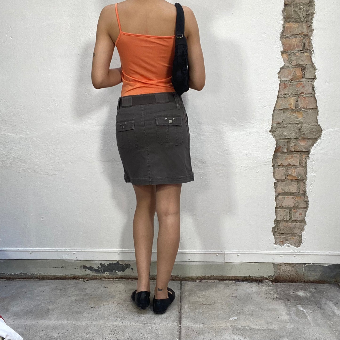 Vintage 90's Streetstyle Grey Midi Skirt with Elastic Waist Belt (S)