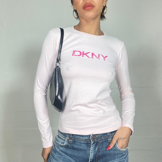 Vintage 90's Archive DKNY Baby Pink Longsleeve Top with Brand Print (S)