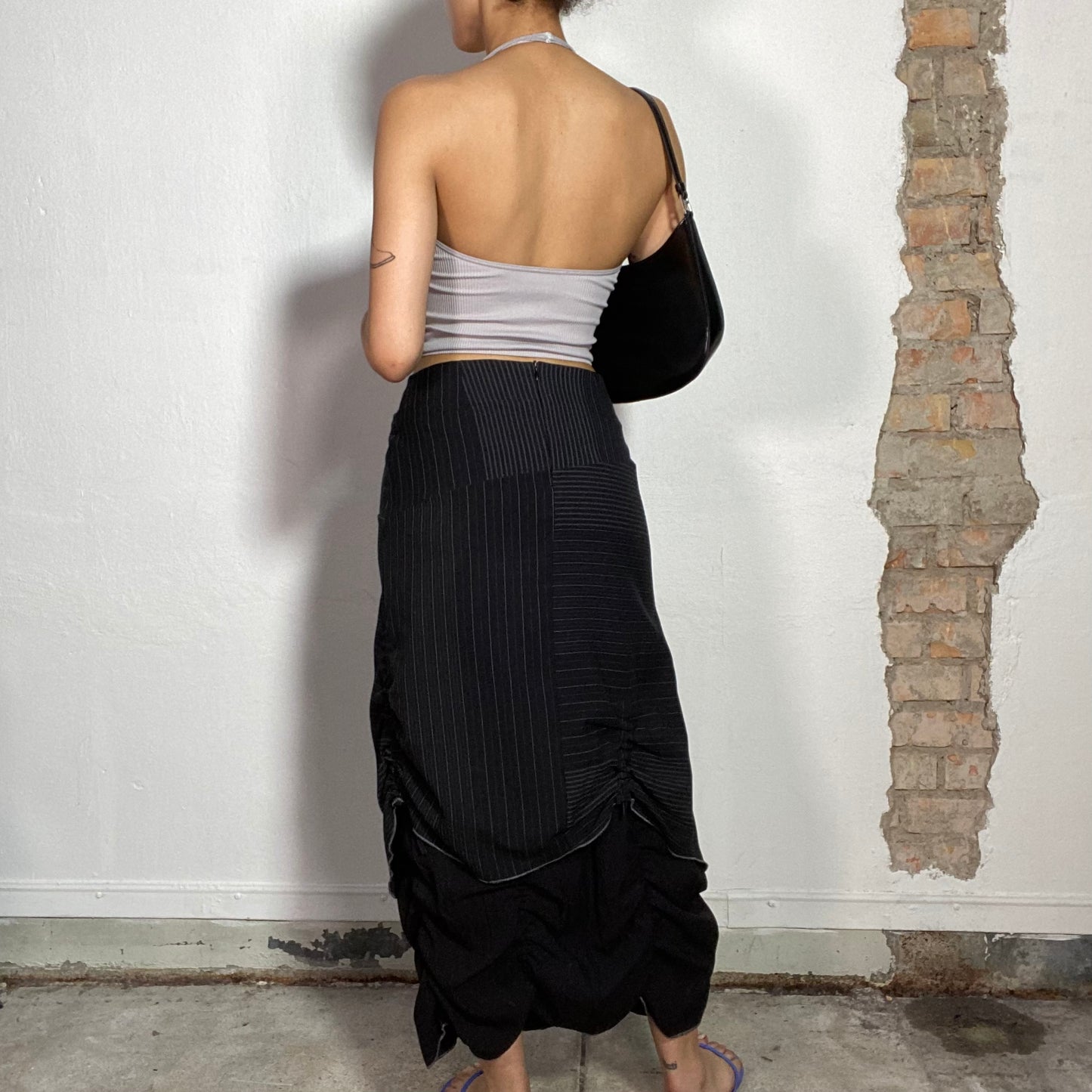 Vintage 2000's Cyber Black Patchwork Pinstripe Maxi Skirt with Scrunch Details (S)