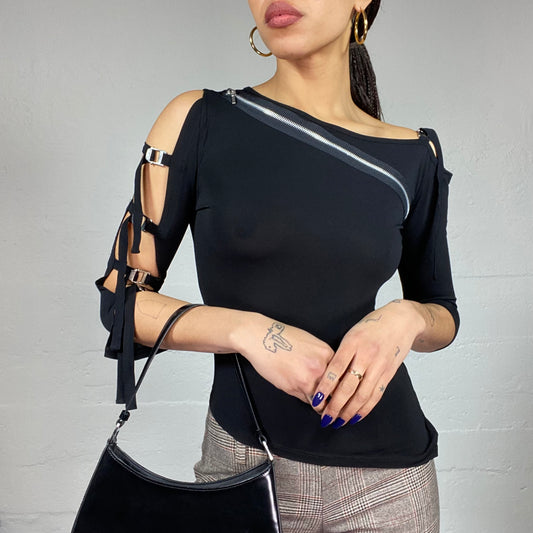 Vintage 2000's Rave Black Belted Open Longsleeve Top with Silver Crossed Neck Zip Detail (XS)