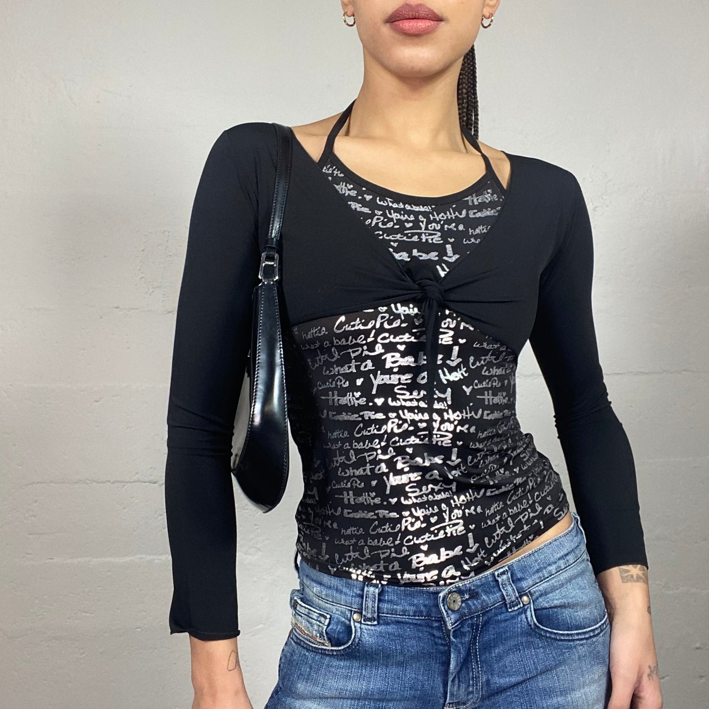Vintage 2000's Clubwear Black Longsleeve Layered Top with Silver Typography Print (S)