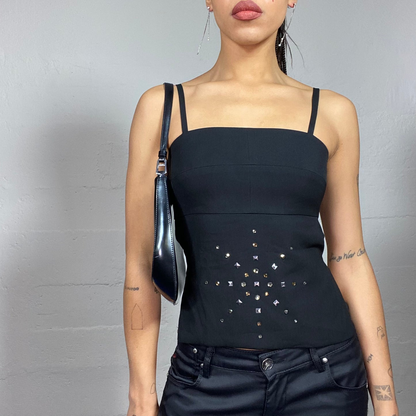 Vintage 2000's Archive Black Open Back Top with Rhinestones Sun Detail (S)