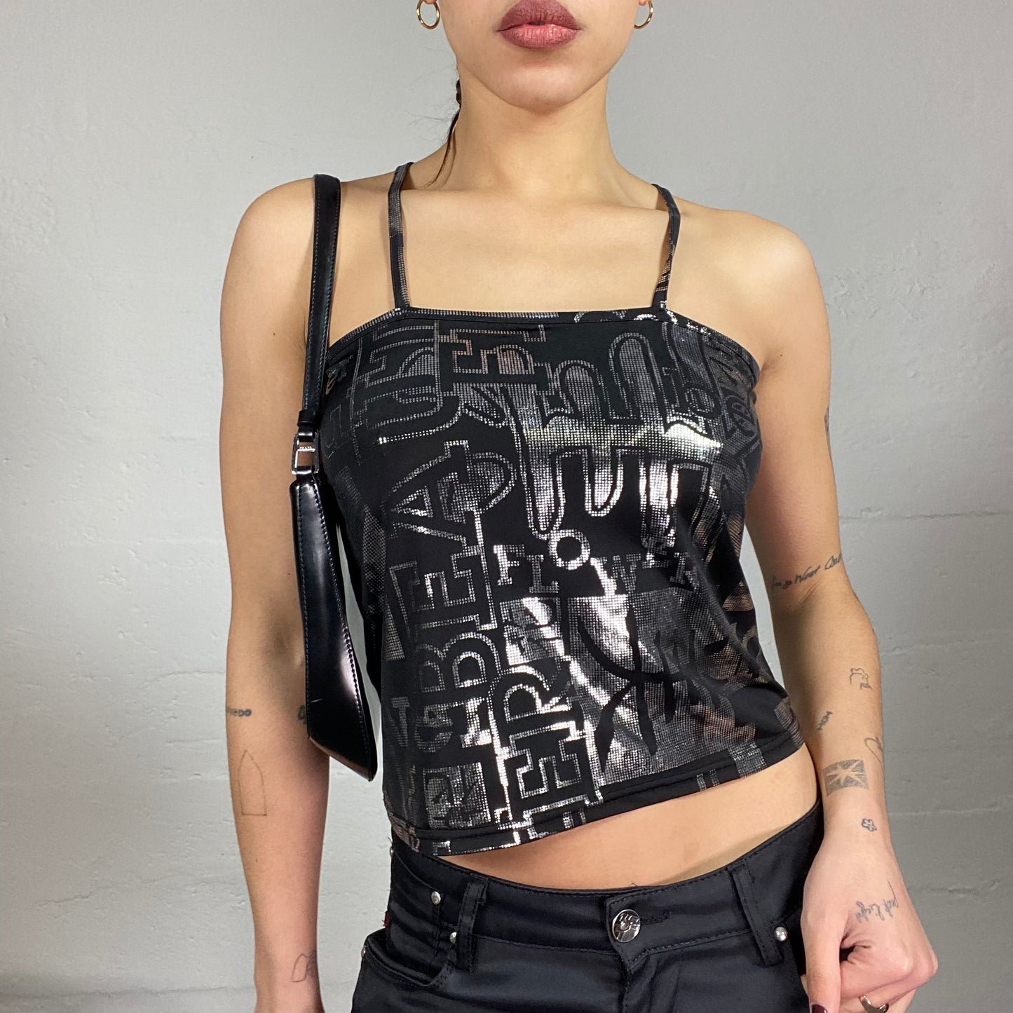 Vintage 2000's Clubwear Black Top with Silver Thypography Print (S)