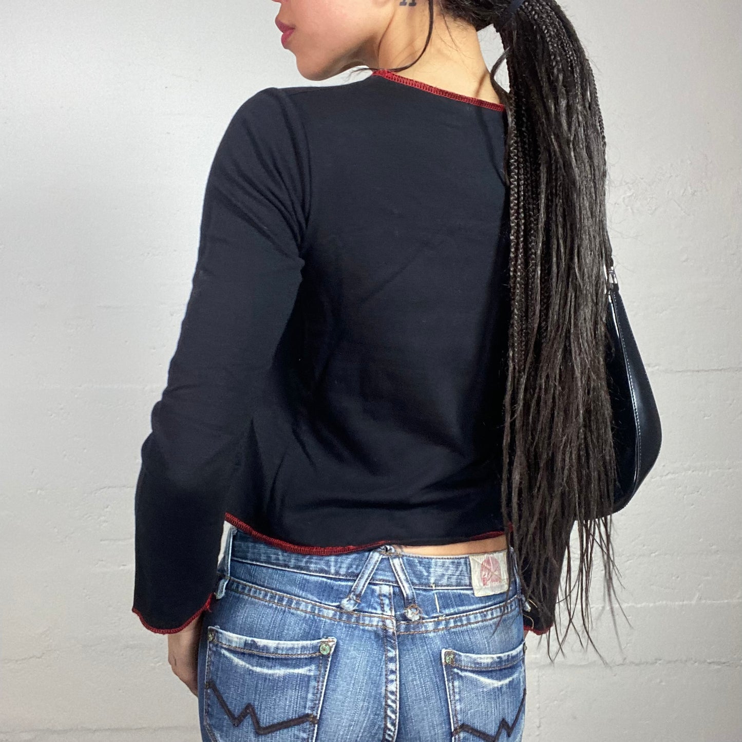 Vintage 2000's Rave Black Longsleeve Top with Red Stamped Print and Crossed Zip Detail (S)