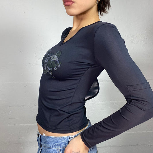 Vintage 2000's Downtown Girl Black Longsleeve Top with Cartoon "Military Girl" Print (S)