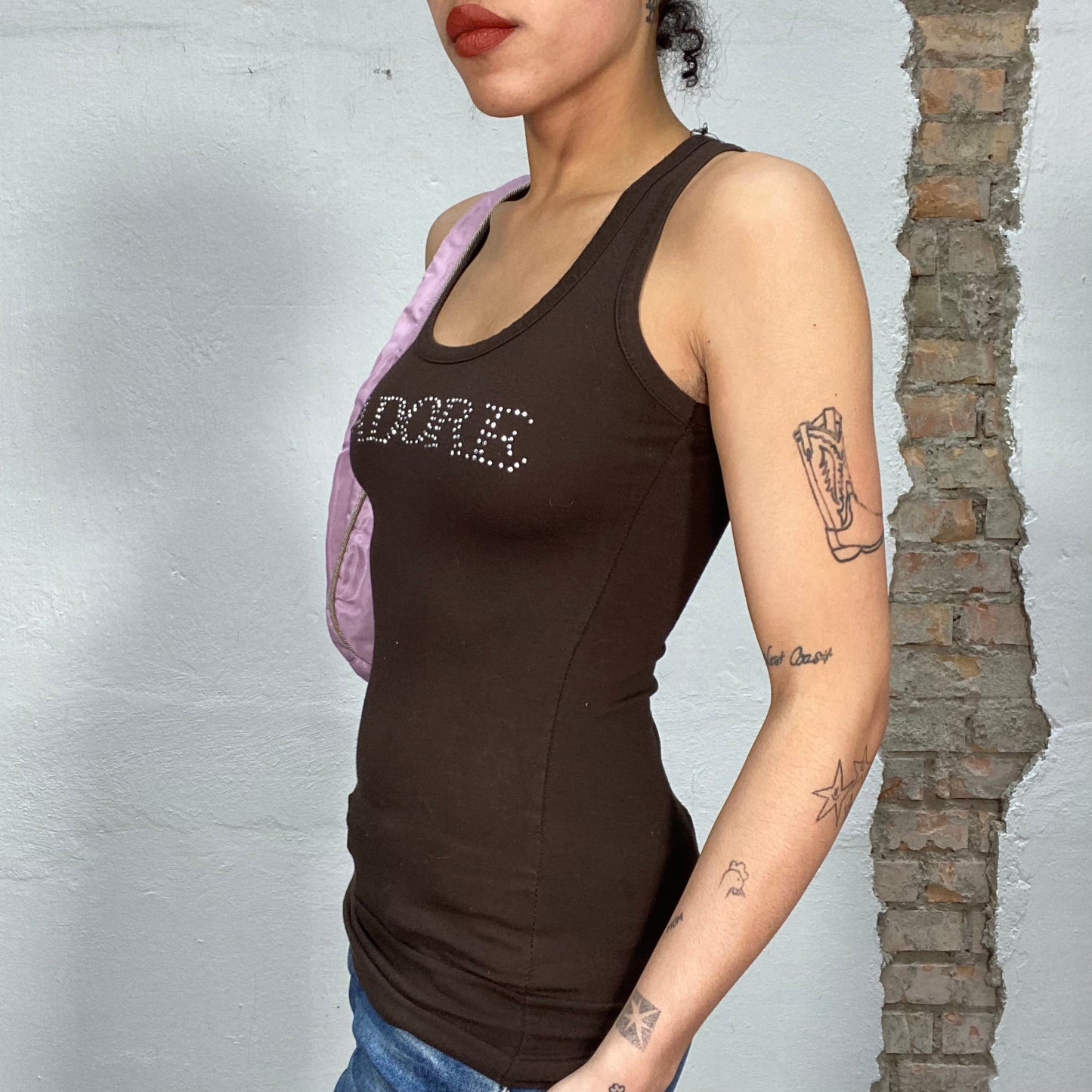 Vintage 2000's Downtown Girl Brown Tank Top with 'J'Adore' Rhinestone Print (S)