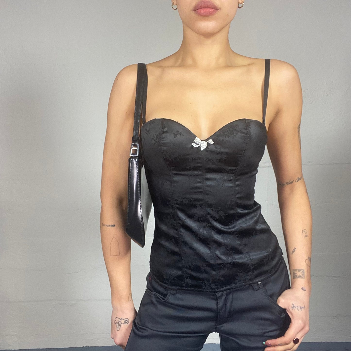 Vintage 90's Vamp Goth Black Satin Strapless Corset Top with Floral Material Detail (S)