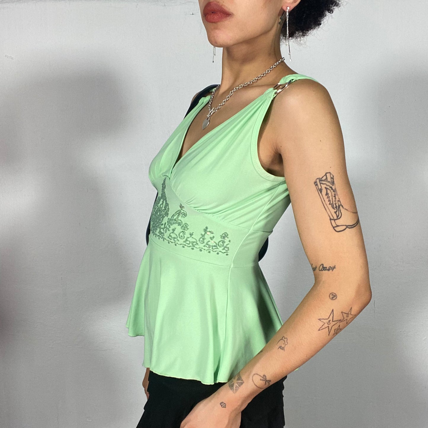 Vintage 2000's Indie Light Green V-Neck Tank Top with Ornament Print Detail (S)