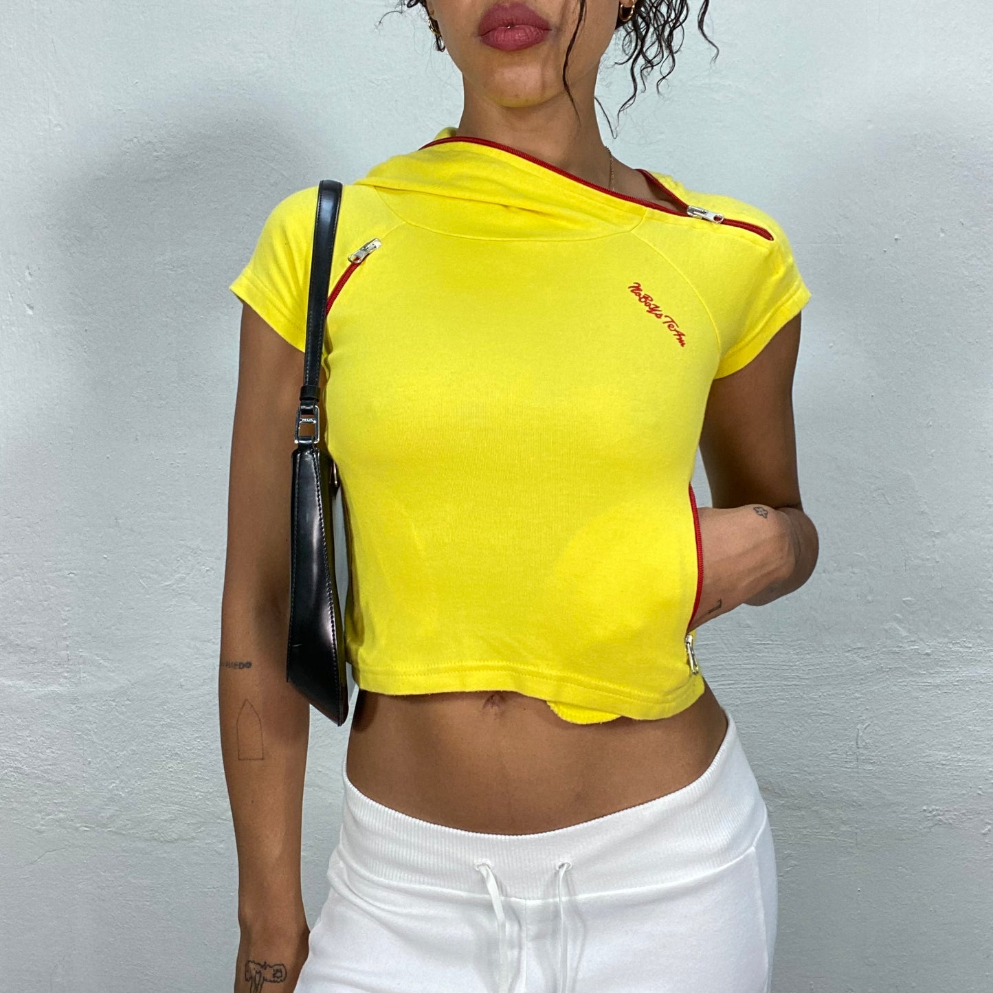 Vintage 90's Rave Yellow Top with Red Zips Detail (S/M)