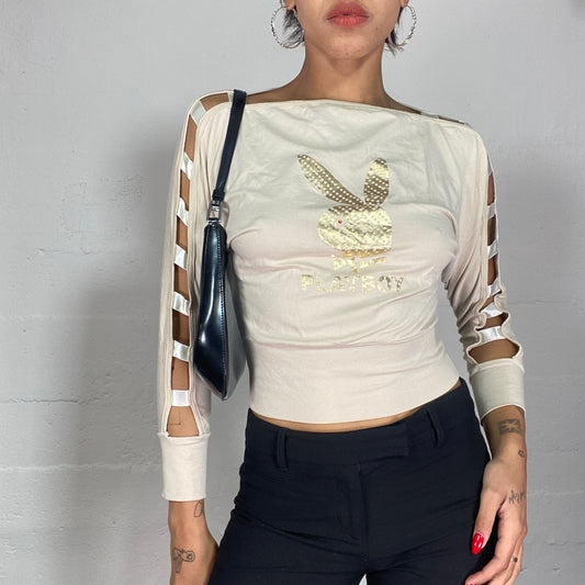 Vintage 2000's Playboy Downtown Girl Beige Longsleeve Top with Golden Logo Detail (S)