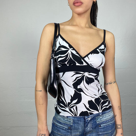Vintage 2000's Romantic Girl White Top with Black Floral Maxi Print (S)