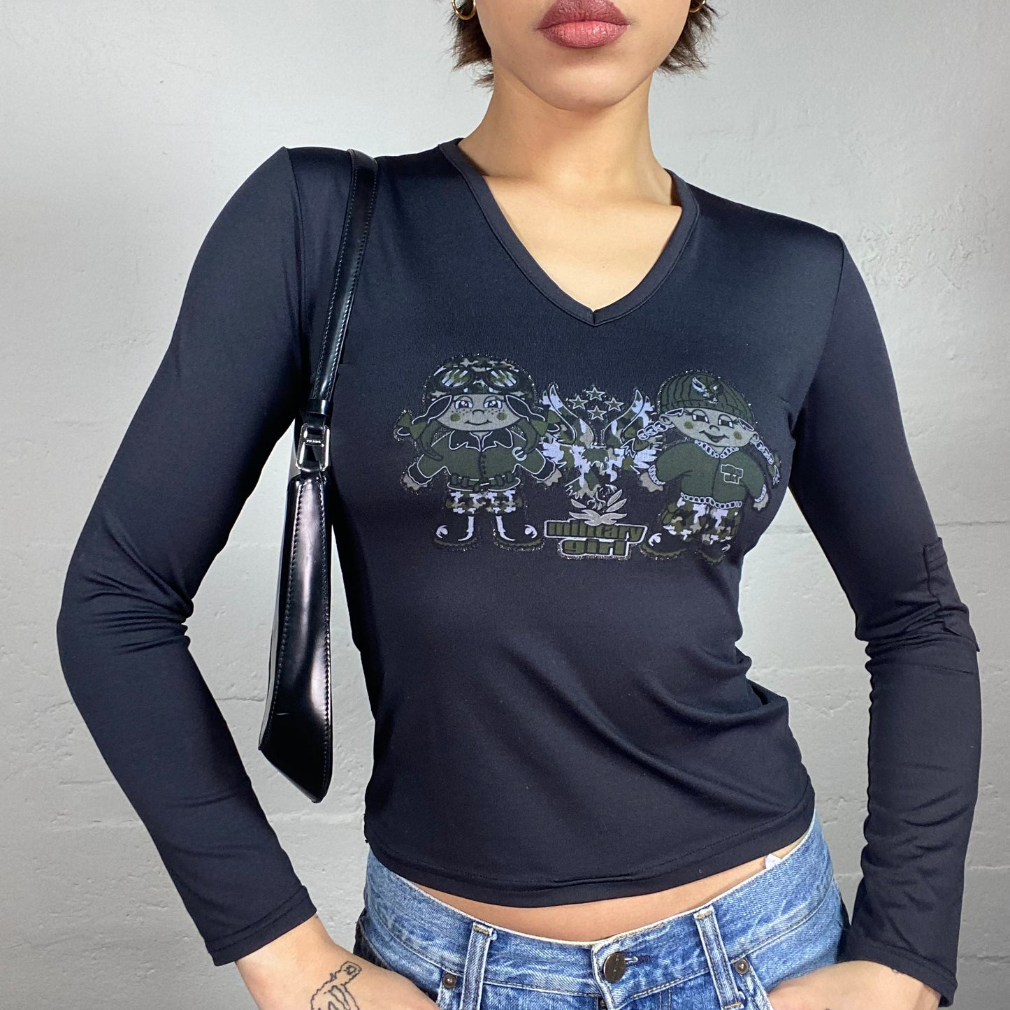 Vintage 2000's Downtown Girl Black Longsleeve Top with Cartoon "Military Girl" Print (S)