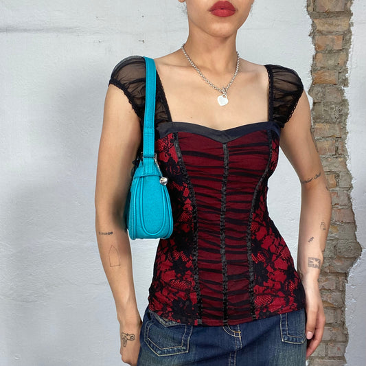 Vintage 2000's Gothic Black and Red Mesh Corset Top with Ruffle Look (S)