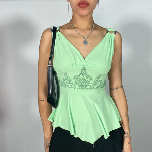 Vintage 2000's Indie Light Green V-Neck Tank Top with Ornament Print Detail (S)