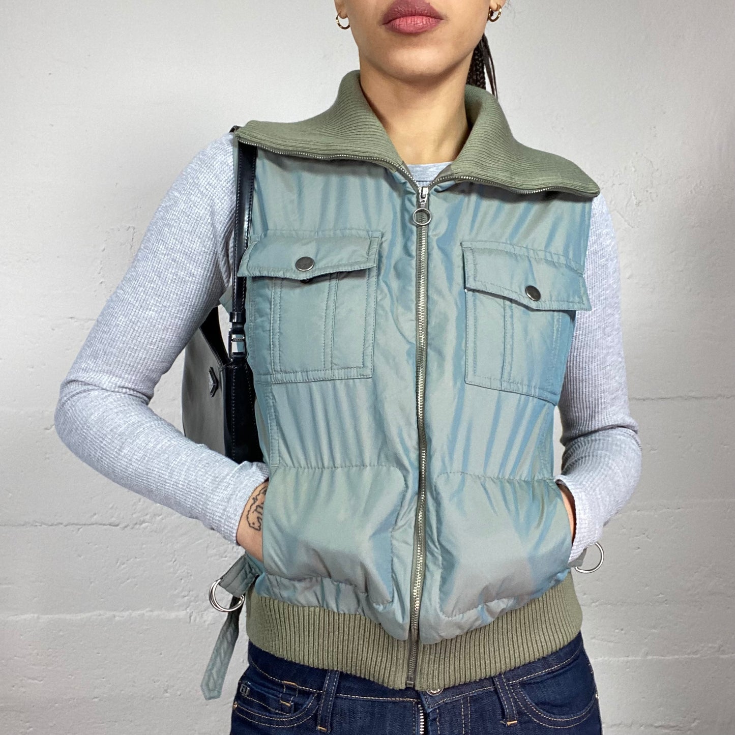 Vintage 2000's Horse Girl Khaki Puffer Vest with Zipper (S/M)