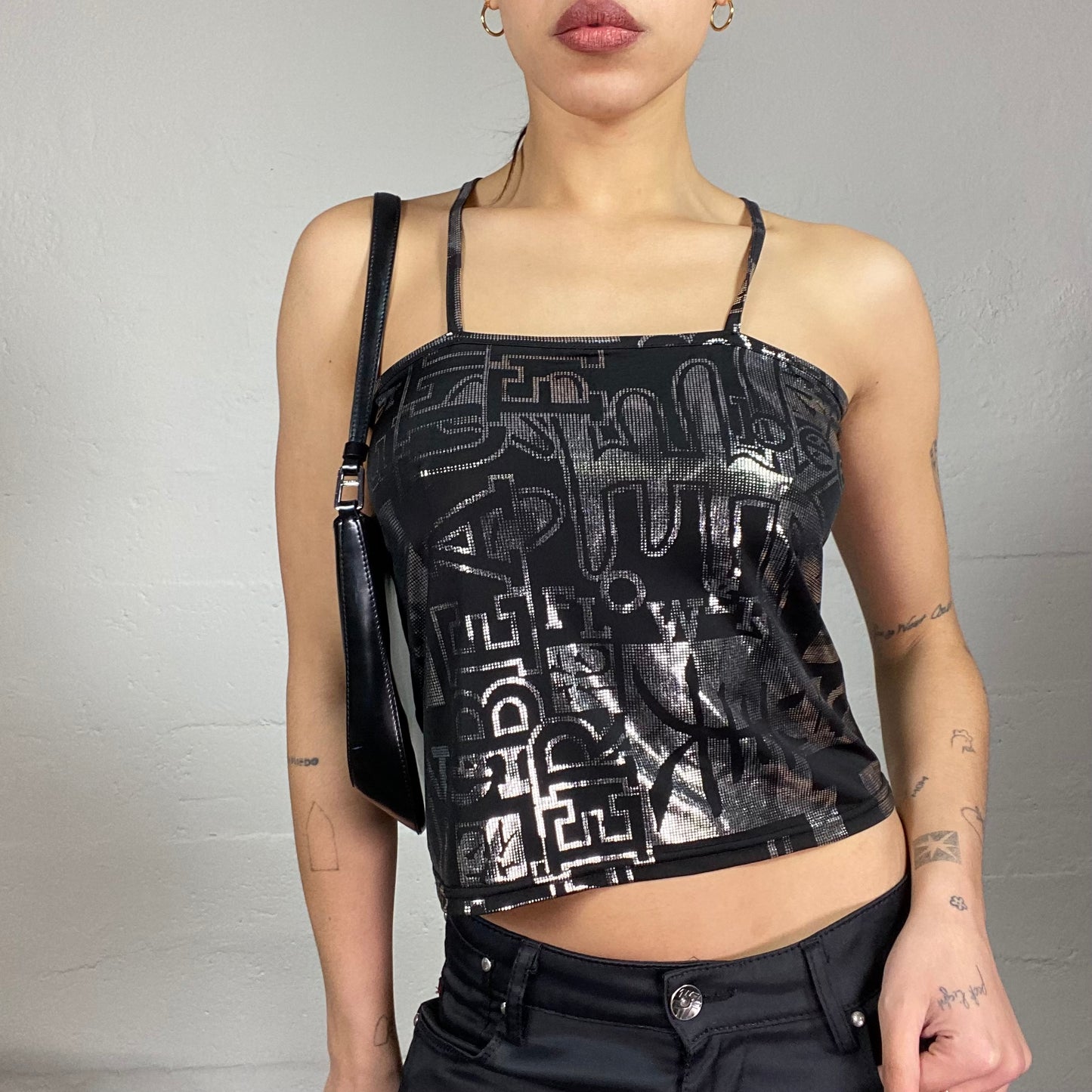 Vintage 2000's Clubwear Black Top with Silver Thypography Print (S)