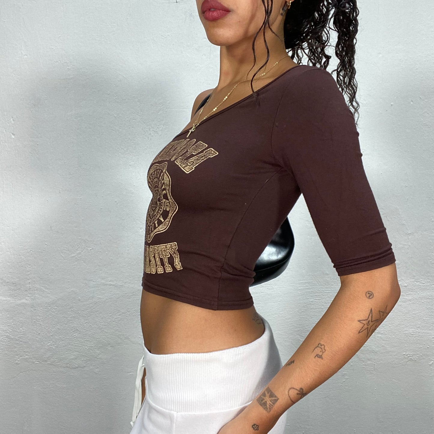 Vintage 90's College Girl Brown One Shoulder Top with Bronze "Minnesota University" Print (S)