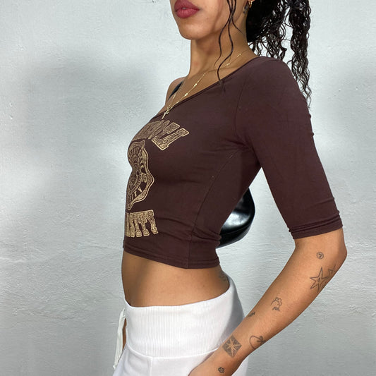 Vintage 90's College Girl Brown One Shoulder Top with Bronze "Minnesota University" Print (S)