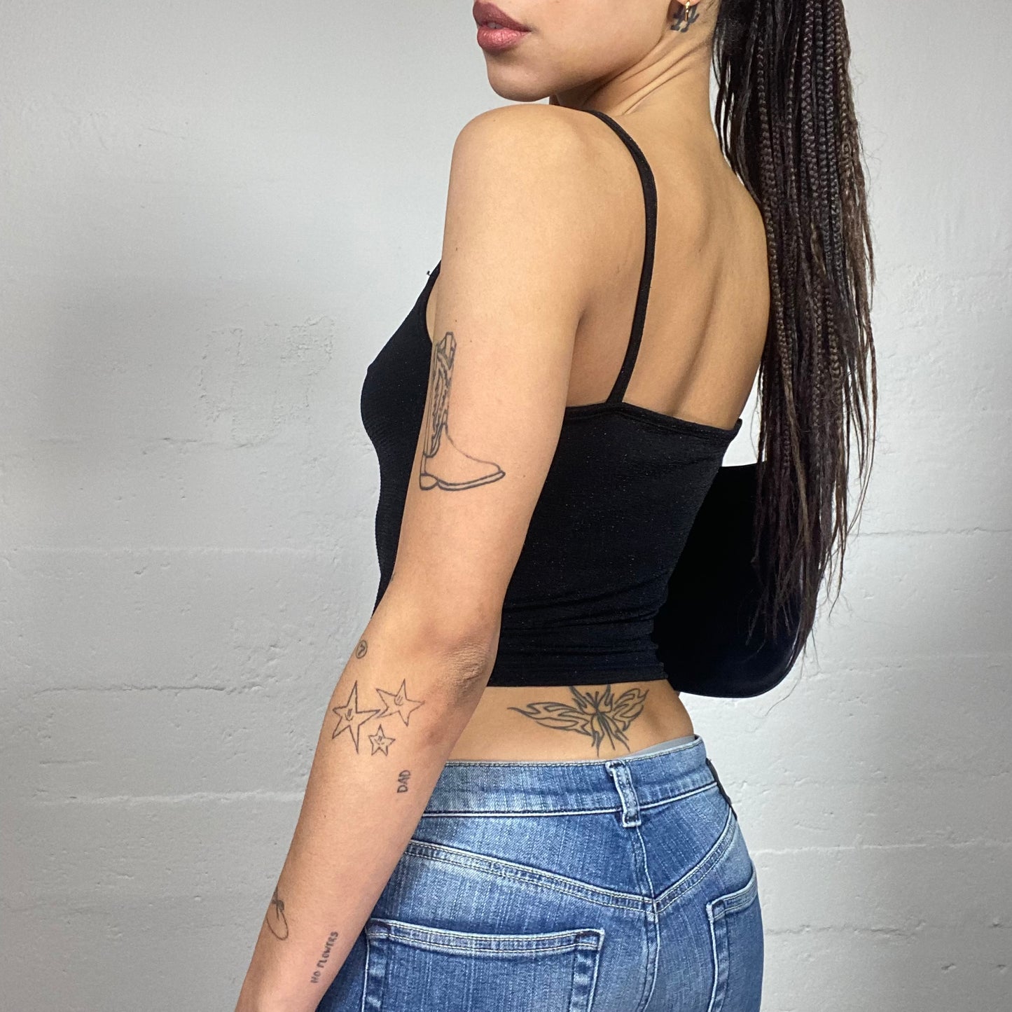 Vintage 2000's Clubwear Black Top with Lace Trim Detail (S)