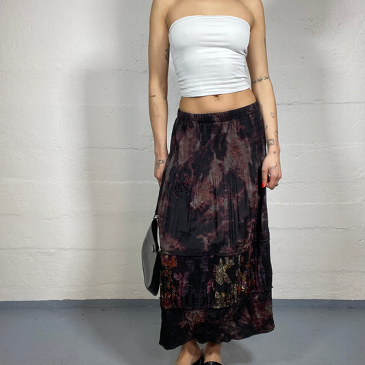 Vintage 2000's Boho Girl Black Maxi Skirt with Tie Dye Print Detail (M)