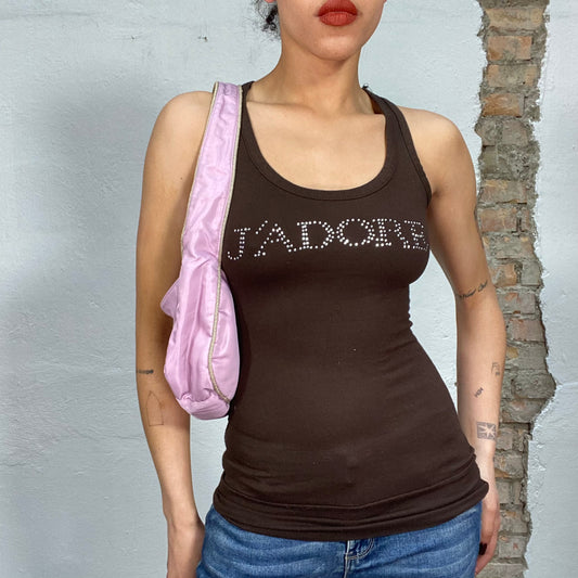 Vintage 2000's Downtown Girl Brown Tank Top with 'J'Adore' Rhinestone Print (S)