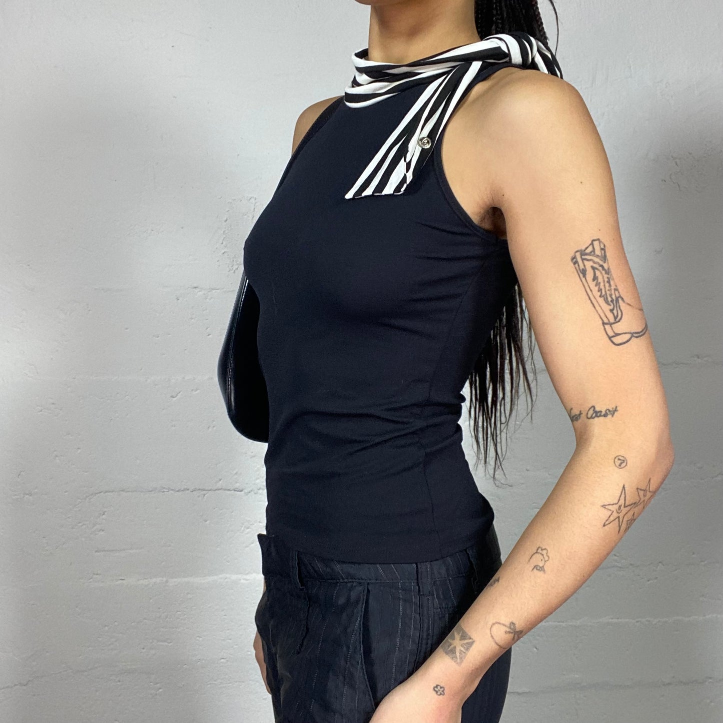 Vintage 2000's Office Girl Black Highneck Top with White Attached Scarf Detail (S)