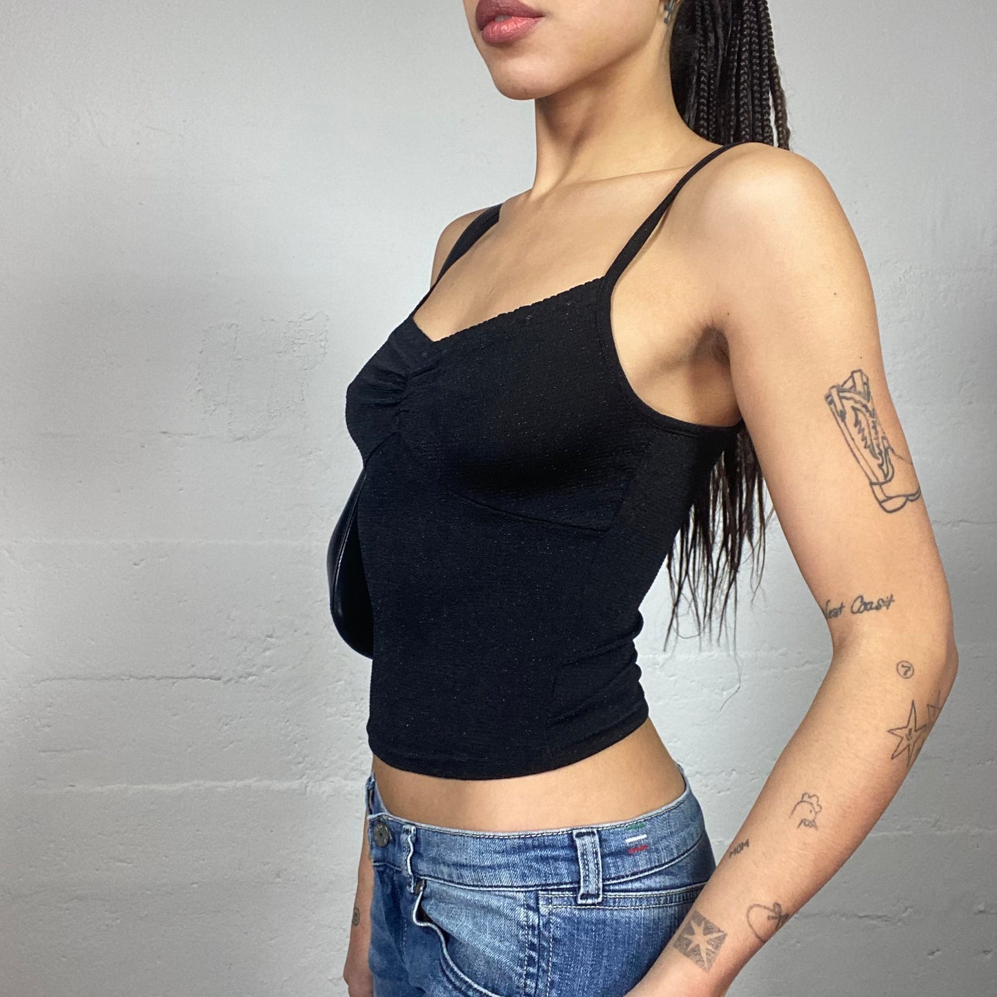 Vintage 2000's Clubwear Black Top with Lace Trim Detail (S)