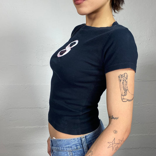 Vintage 2000's Downtown Girl Black Top with White "8" Print (S)