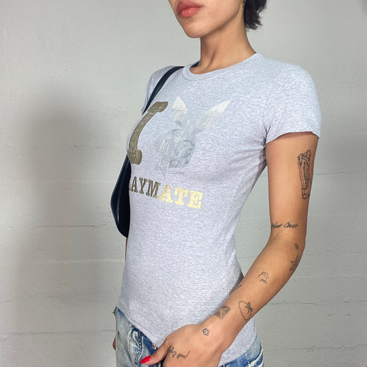 Vintage 2000's Playboy Archive Grey Top with Gold & Silver Brand Print (S)