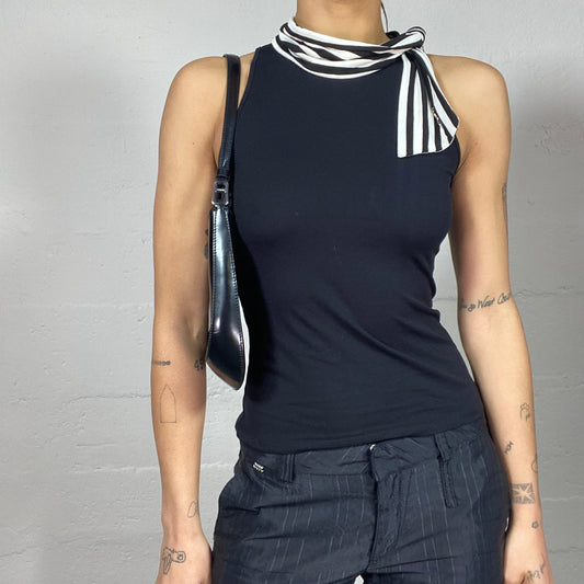 Vintage 2000's Office Girl Black Highneck Top with White Attached Scarf Detail (S)