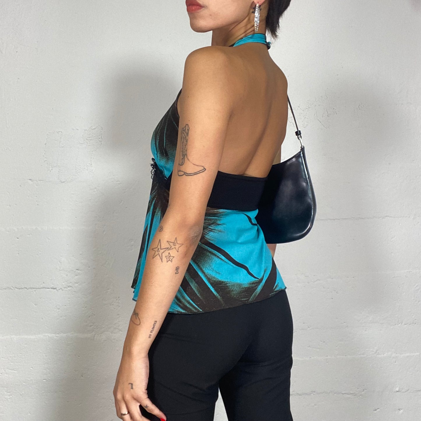 Vintage 2000's Summer Blue Neckholder Top with Black Palm Tree Print (S)