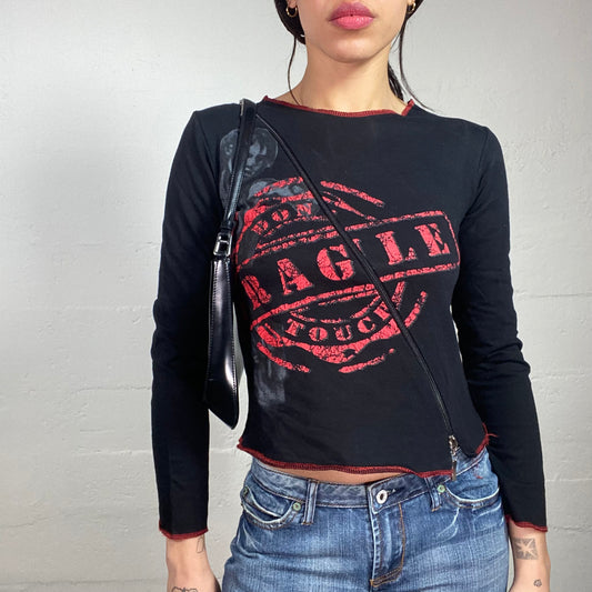 Vintage 2000's Rave Black Longsleeve Top with Red Stamped Print and Crossed Zip Detail (S)