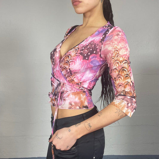 Vintage 2000's Sleaze Pink Longsleeve Lace Up Top with Floral Print (S/M)