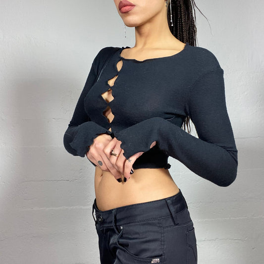 Vintage 90's Whimsigoth Black Longsleeve Cropped Top with Asymmetrical Cut Line Detail (XS)