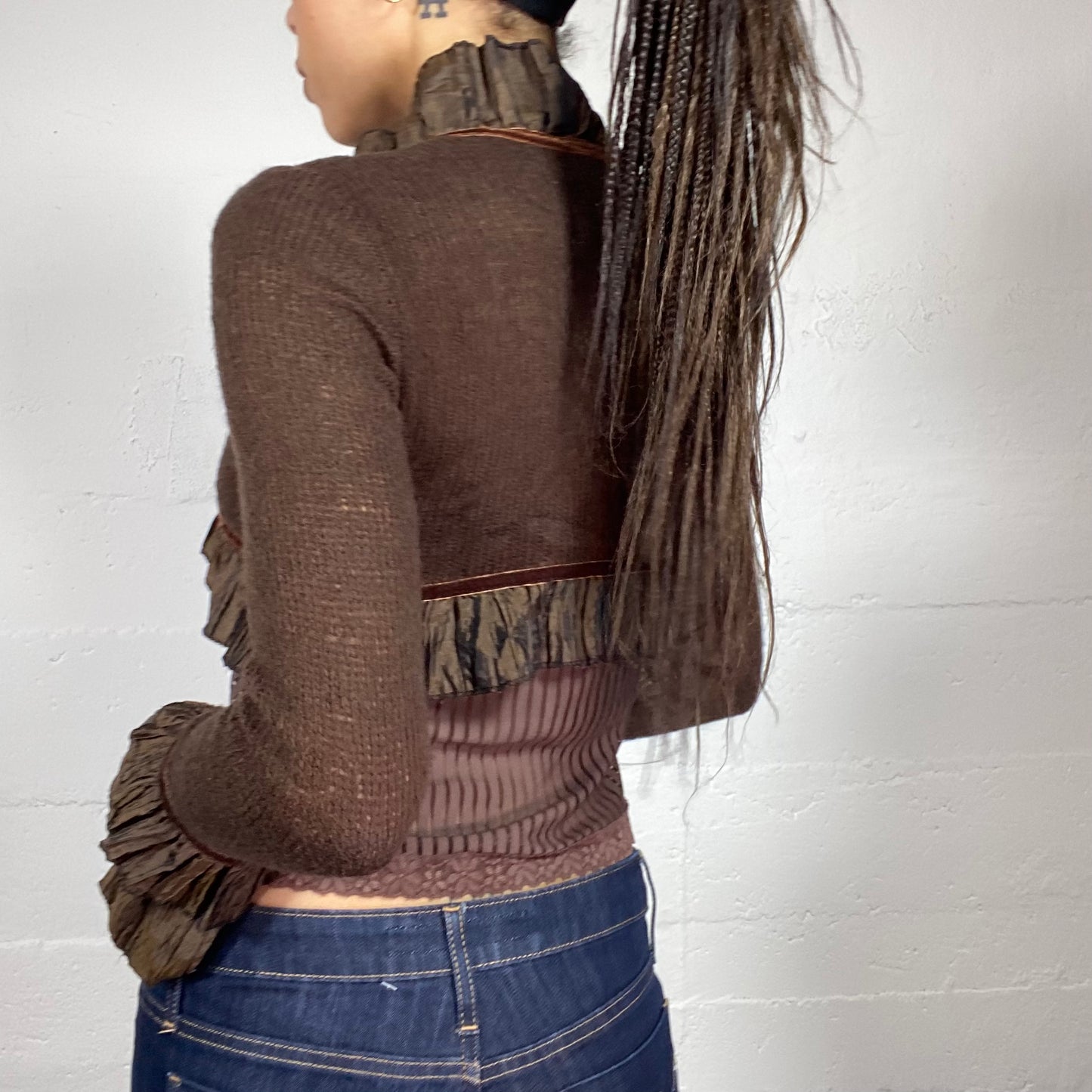 Vintage 90's Downtown Girl Brown Knitted Bolero with Frilled Blouse Detail (S)