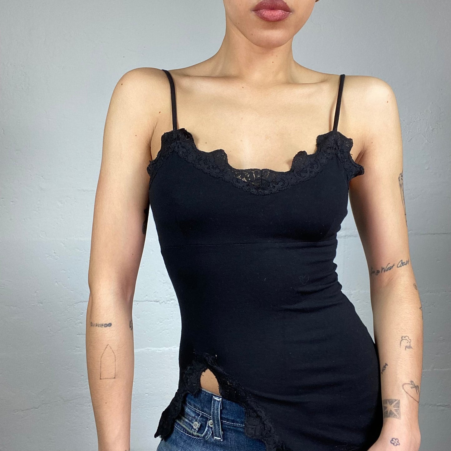 Vintage 90's Whimsigoth Black Frilled Top with Slit Detail (S/M)