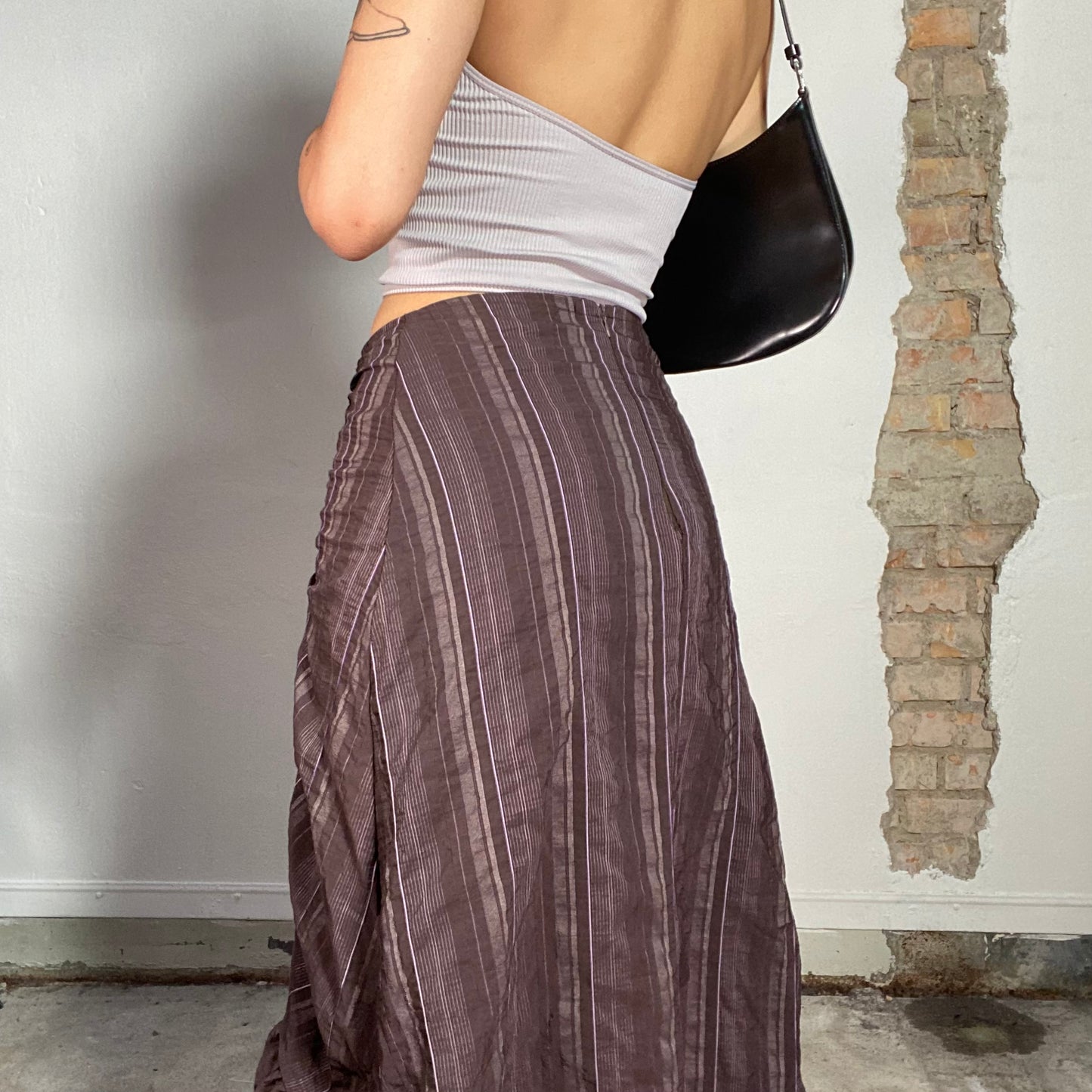 Vintage 2000's Downtown Girl Brown Maxi Dress with Purple Pinstripes and Scrunch Detail (S)