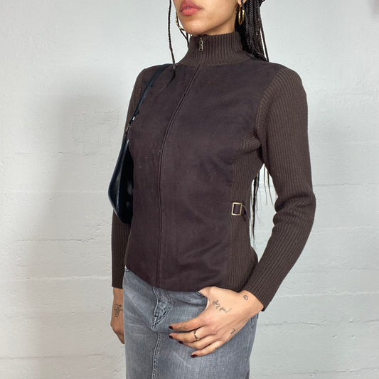 Vintage 2000's Classic Brown Zip Up Ribbed Sweatshirt (S/M)