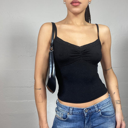 Vintage 2000's Clubwear Black Top with Lace Trim Detail (S)