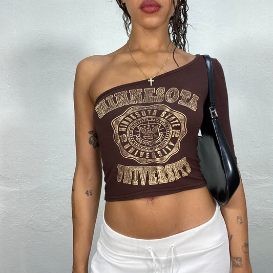 Vintage 90's College Girl Brown One Shoulder Top with Bronze "Minnesota University" Print (S)