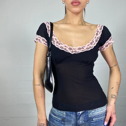 Vintage 2000's Romantic Girl See Through Black Blouse Top with Pink Lace Trim Detail (S)