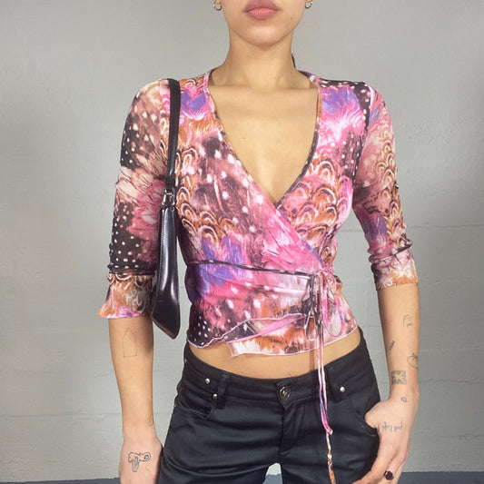 Vintage 2000's Sleaze Pink Longsleeve Lace Up Top with Floral Print (S/M)
