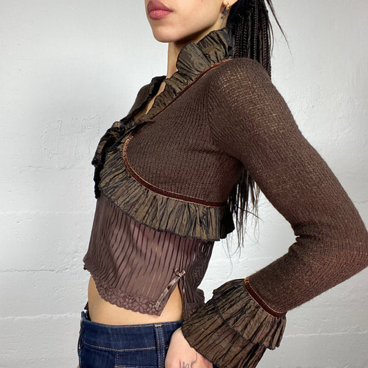 Vintage 90's Downtown Girl Brown Knitted Bolero with Frilled Blouse Detail (S)