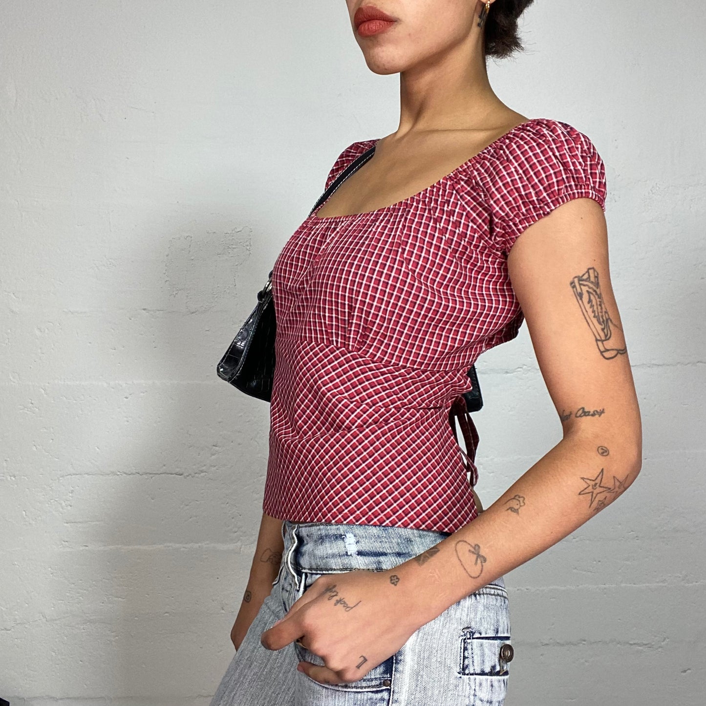 Vintage 2000's Milkmaid Red Backless Top with Checkered Print (M)