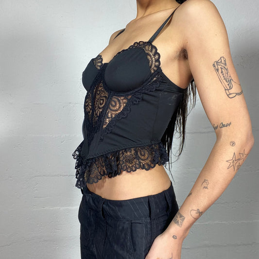 Vintage 2000's Babydoll Black Corset Top with See Through Lace Panel and Pointed Cut Detail (S)