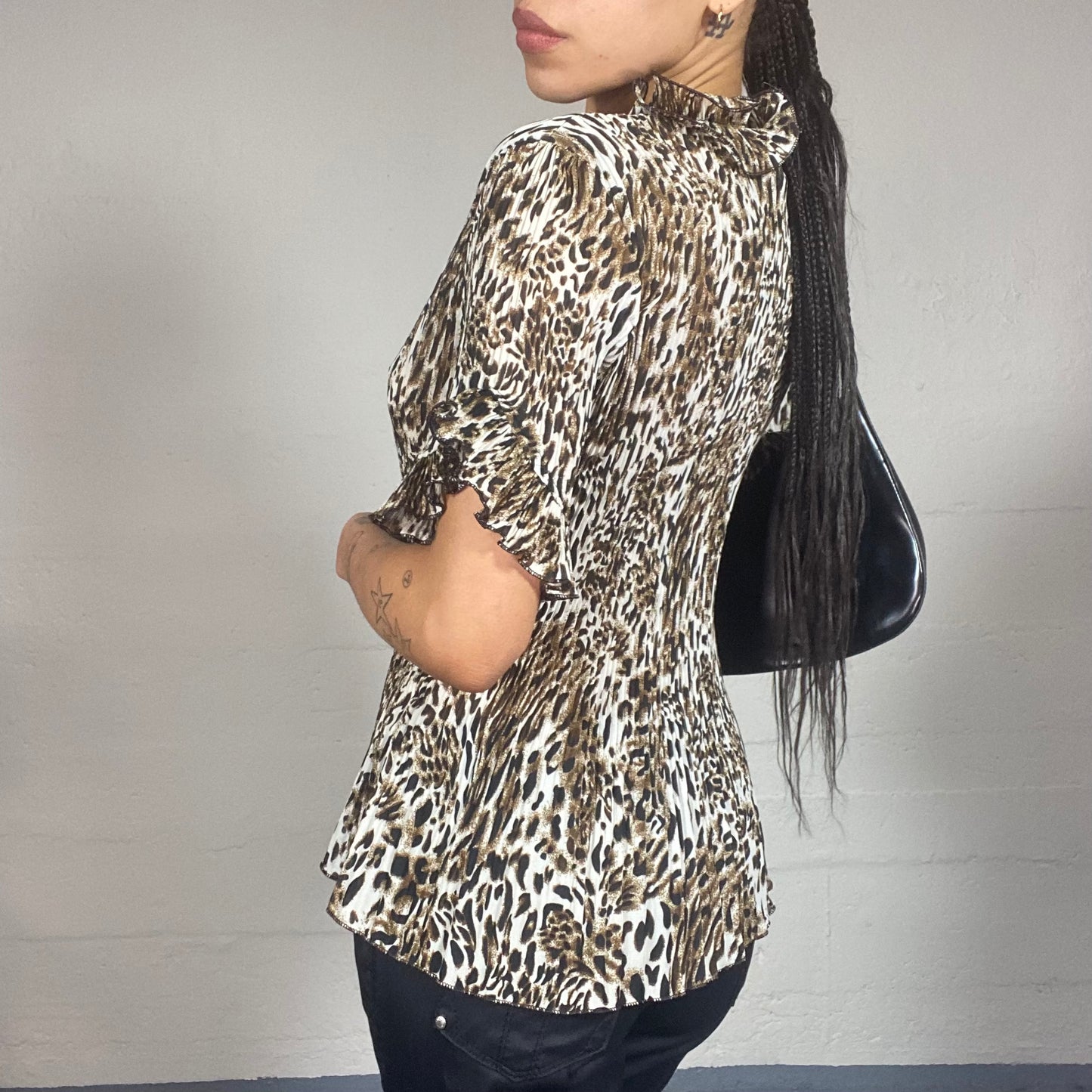 Vintage 90's The Nanny Brown Button Up Top with Cheetah Print and Frilled Collar Detail (M)