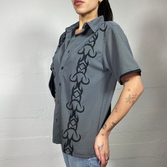 Vintage 2000's Archive Grey Button Up Shirt with Tribal Print (M)